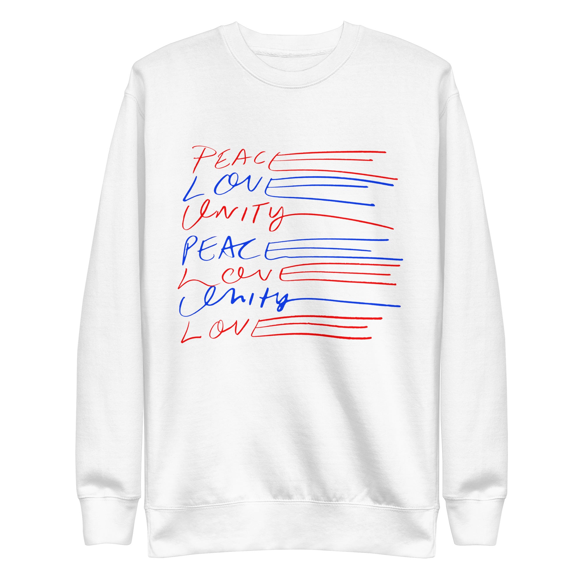Unisex Premium Sweatshirt: "Peace, Love, Unity."